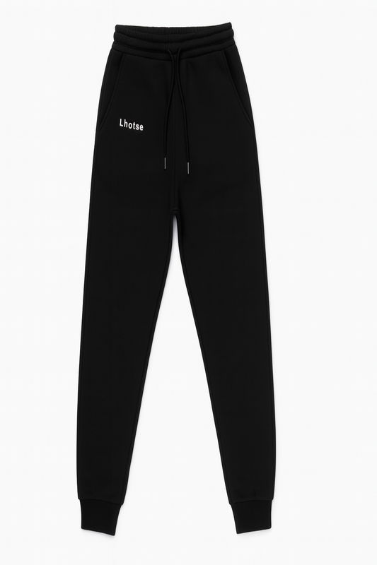 Black sweatpants with 'Lhotse' branding on a white background