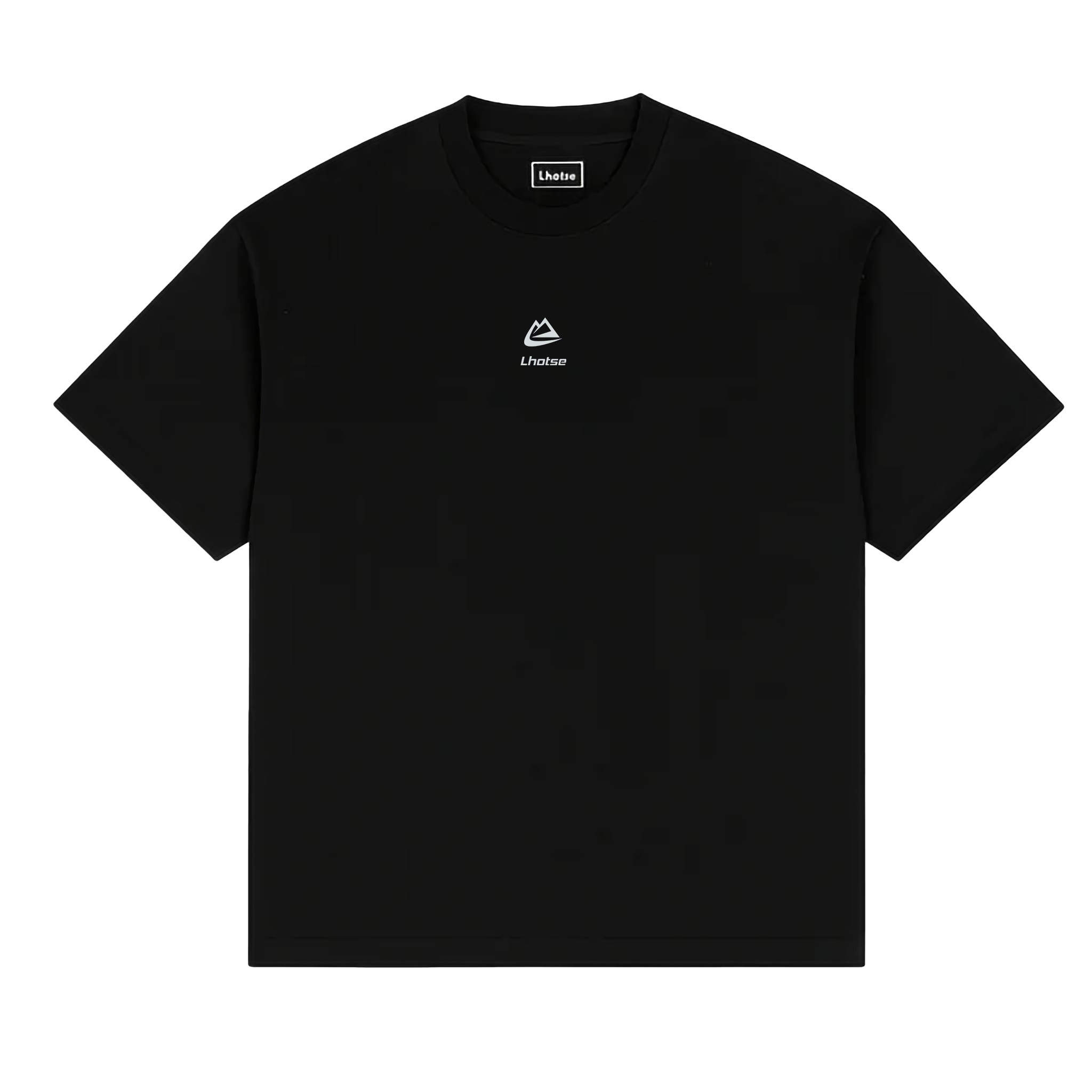 Black t-shirt with a white logo on a white background