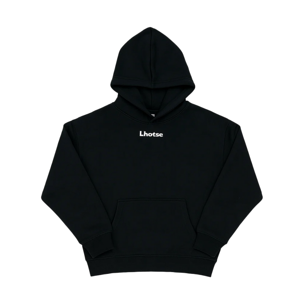 Black hoodie with 'Lhotse' logo on a white background
