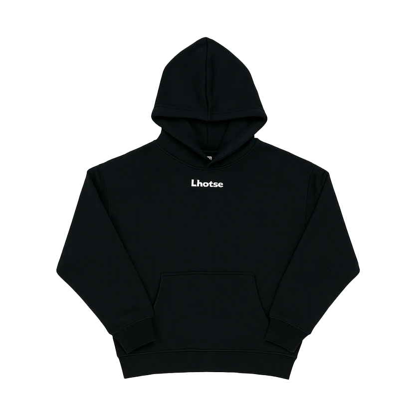 Black hoodie with 'Lhotse' logo on a white background