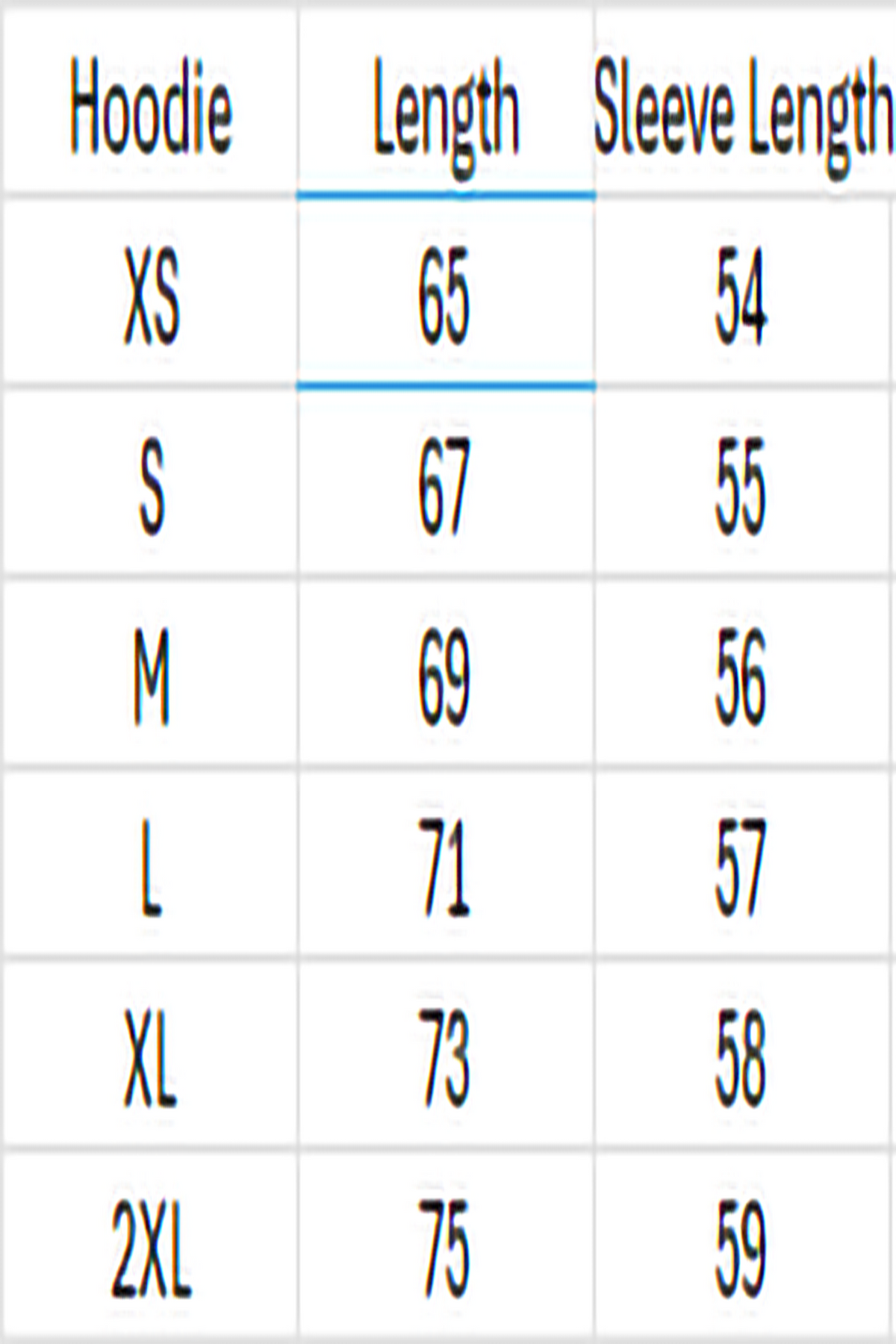 Table showing hoodie length and sleeve length measurements for various sizes.