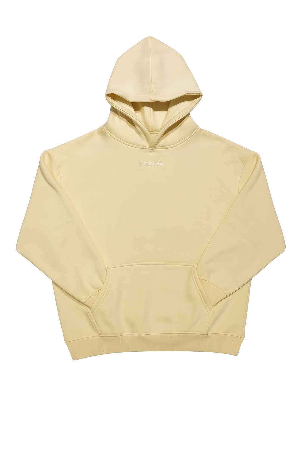 Beige Lhotse hoodie and sweatpants set laid flat on a white background, featuring minimalist design with embroidered "Lhotse" logos, large kangaroo pocket on the hoodie, elastic waistband and drawstring on the pants, and ribbed cuffs for a clean streetwear look.