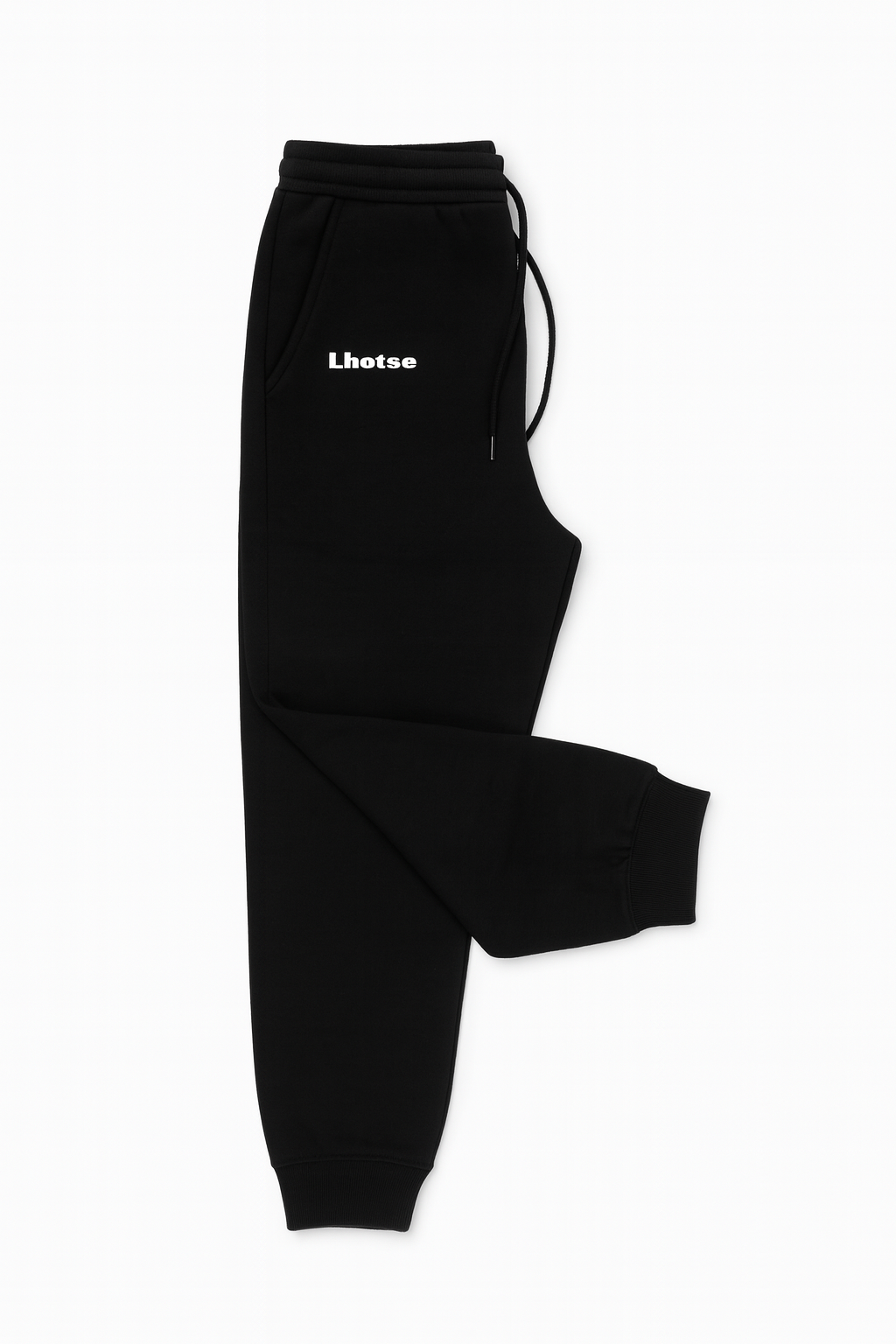 Black sweatpants with a brand logo on a white background