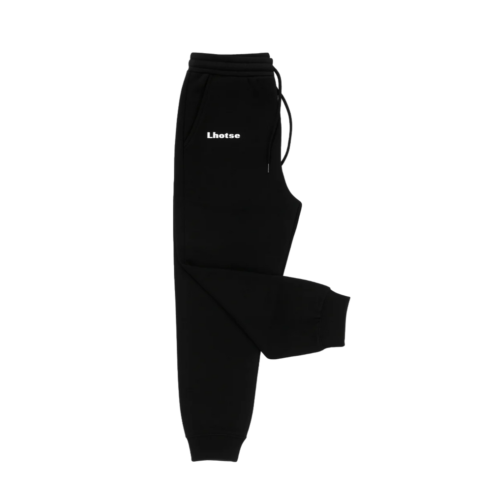 Black sweatpants with a brand logo on a white background