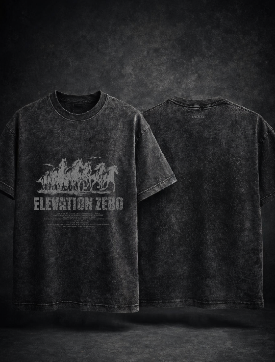 Black t-shirt with white graphic design on a dark background