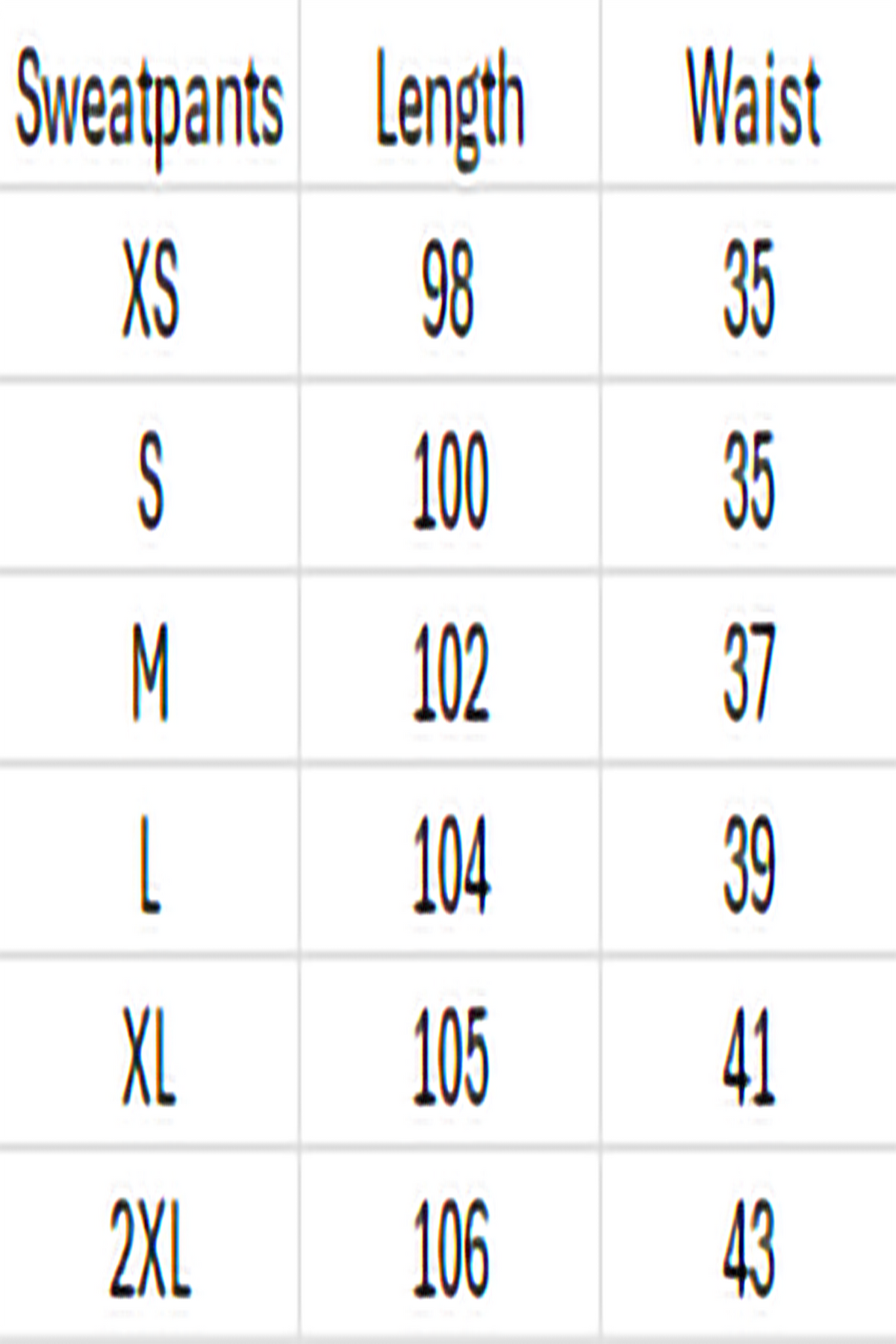 Table showing sweatpants sizes, lengths, and waist measurements.