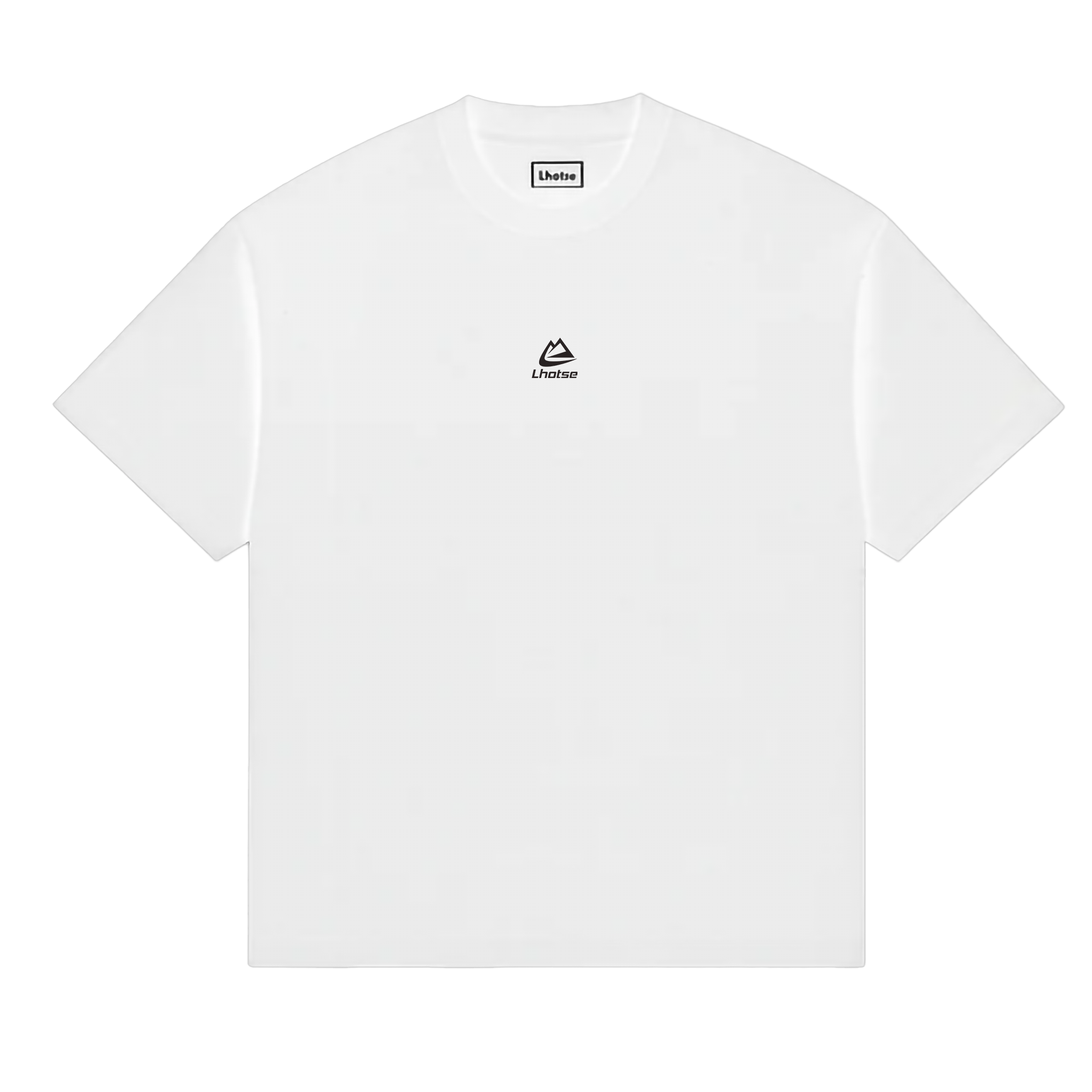 White t-shirt with a black logo on a white background
